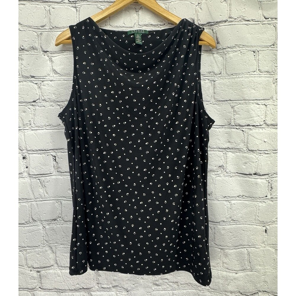 Lauren Ralph Lauren Top Women's XL Black White Cowl Neck Sleeveless Blouse